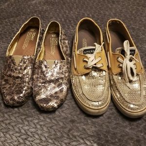2 pair gold sequin, sperry and toms
